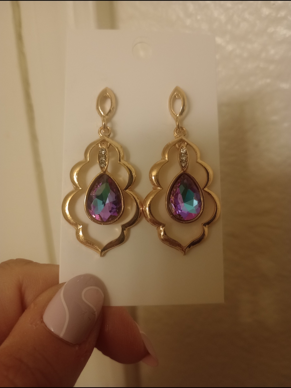 Gold Drop Earrings with Iridescent Purple Teardrop Stone